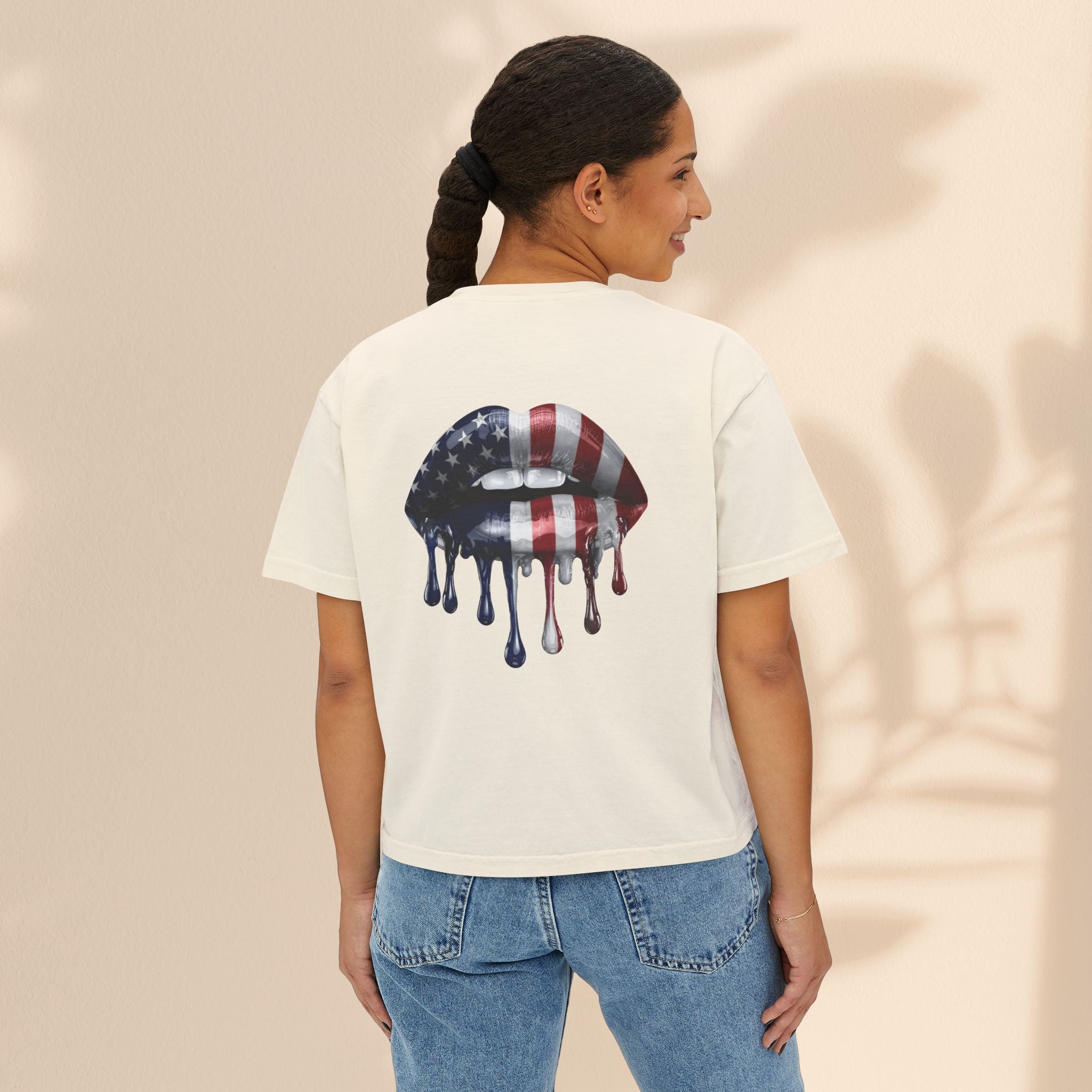 Patriotic Women's Boxy Tee with Dripping Lips Design
