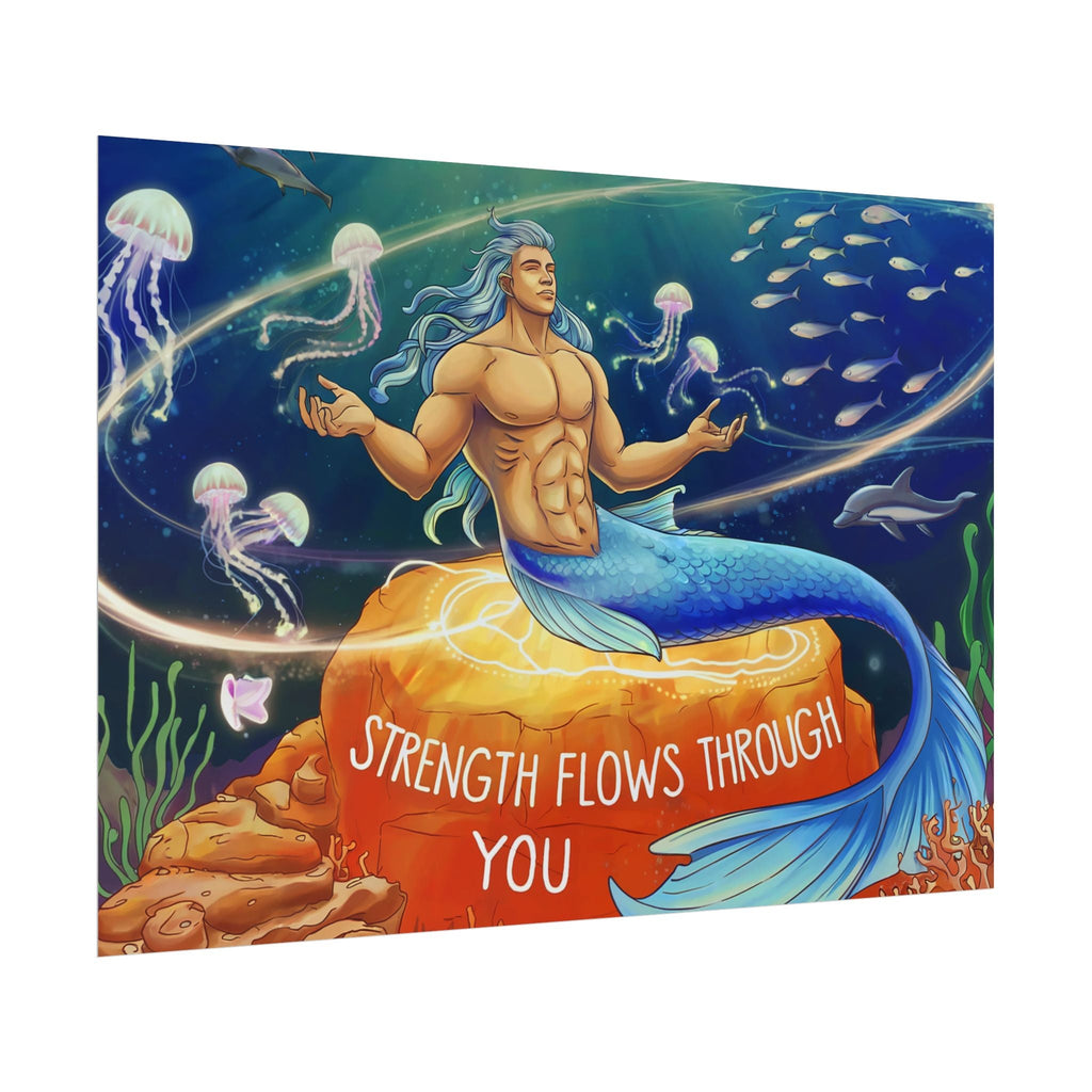 Inspirational Merman Rolled Poster - 'Strength Flows Through You' Artwork for Ocean Lovers