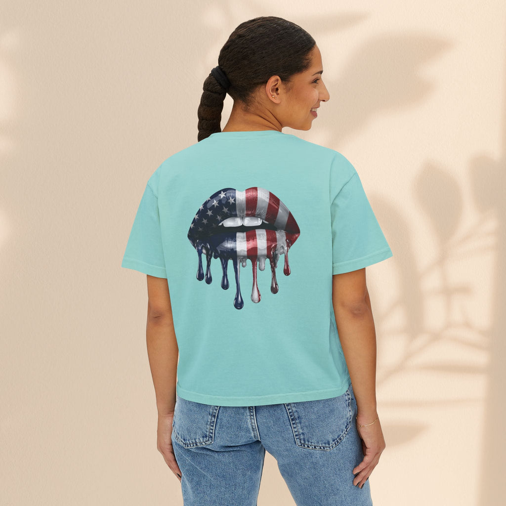 Patriotic Women's Boxy Tee with Dripping Lips Design
