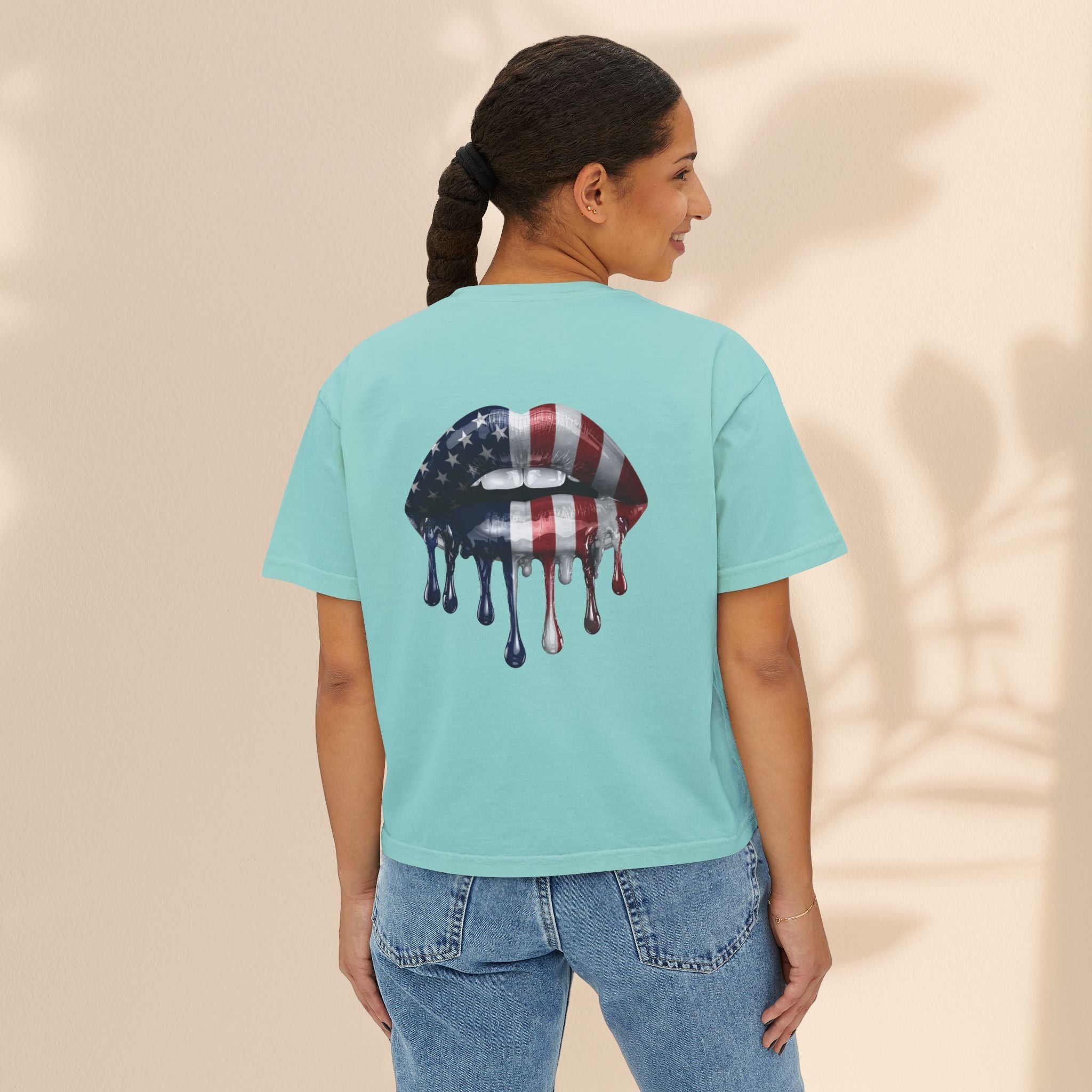 Patriotic Women's Boxy Tee with Dripping Lips Design