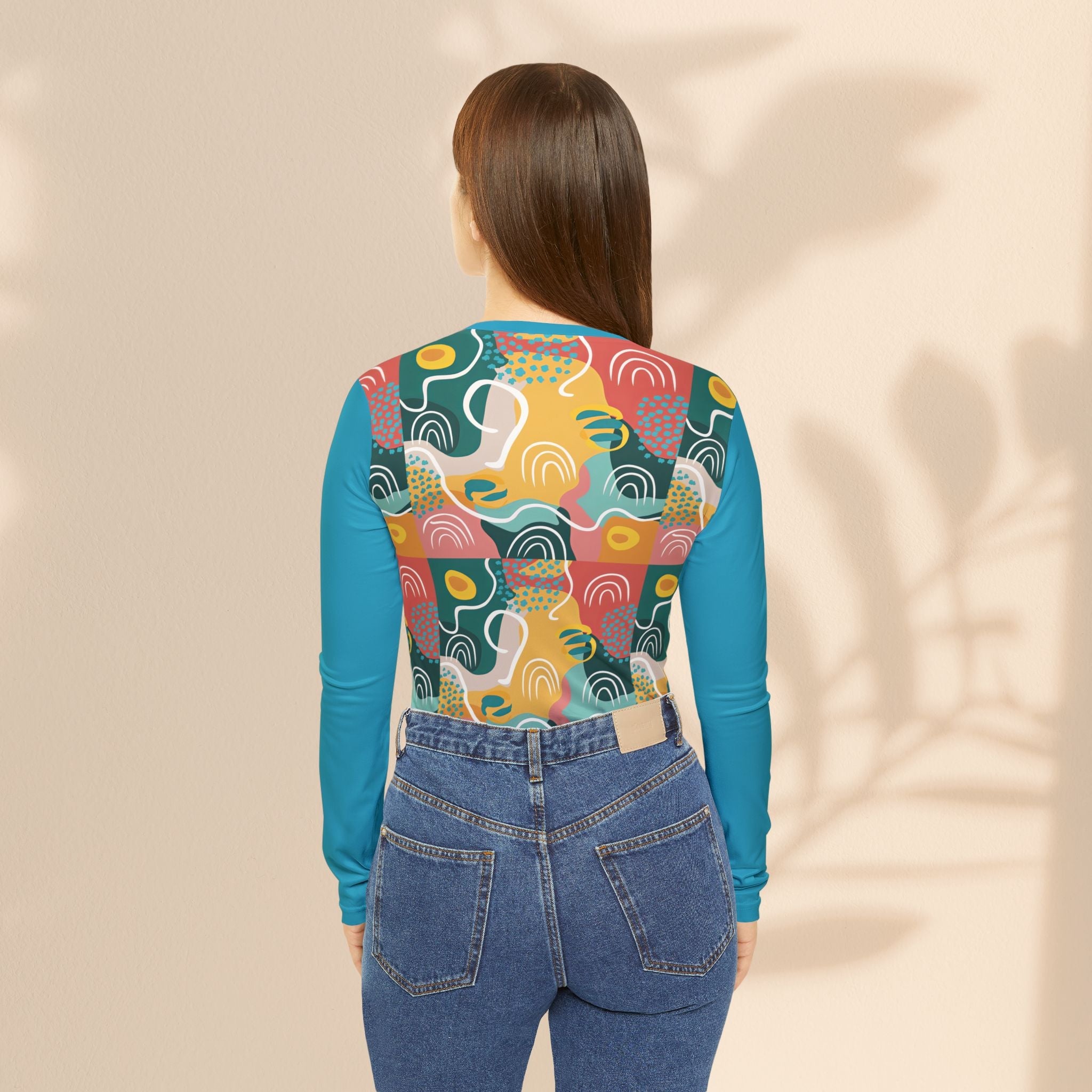 Abstract Rainbow Patchwork V-Neck Long Sleeve Shirt