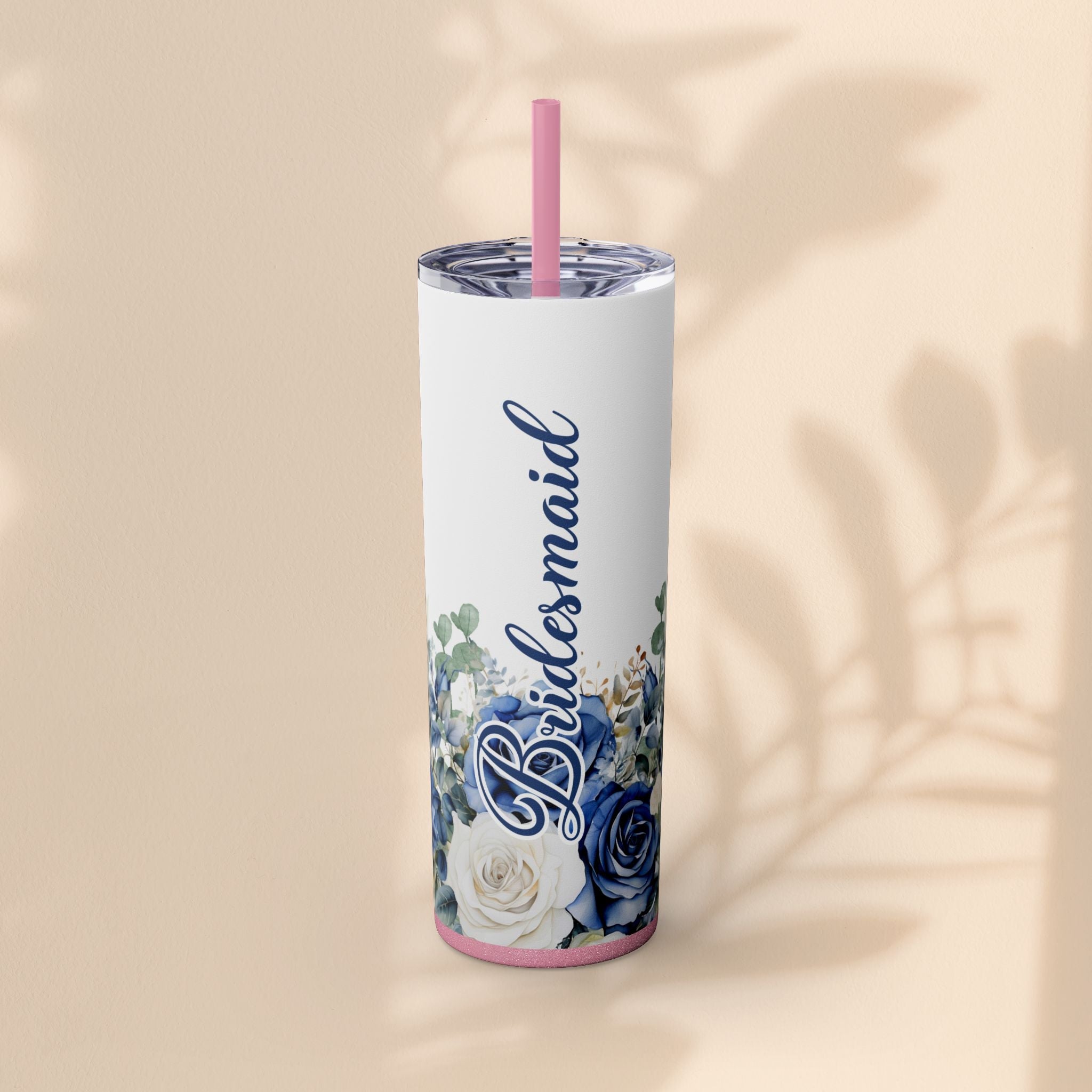 Bridesmaid Skinny Tumbler, 20oz Rose Floral Tumbler, Wedding Gift, Bridal Party, Customizable, Floral Tumbler