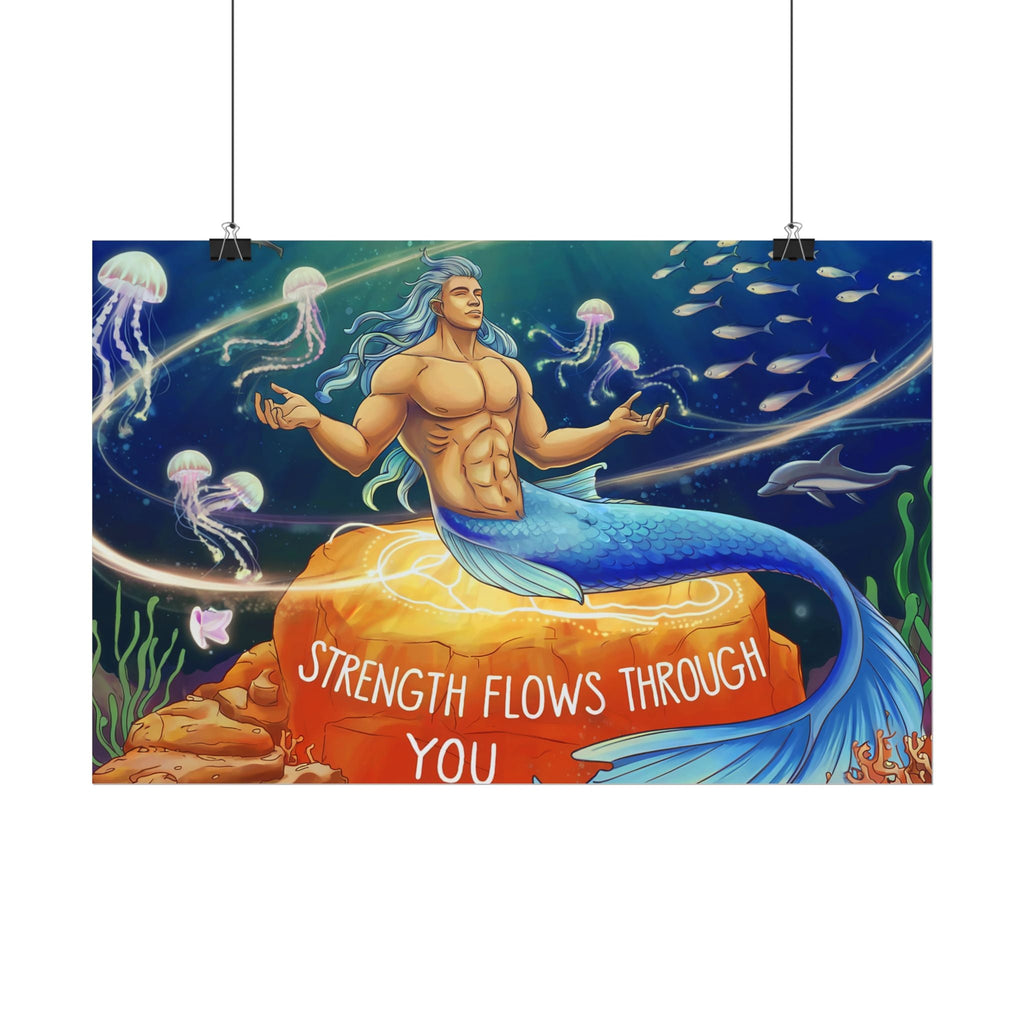 Inspirational Merman Rolled Poster - 'Strength Flows Through You' Artwork for Ocean Lovers