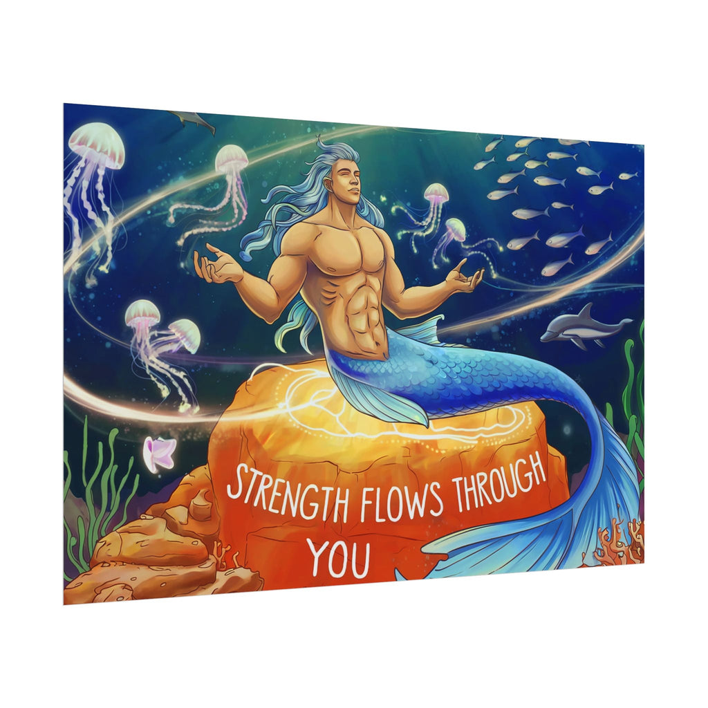 Inspirational Merman Rolled Poster - 'Strength Flows Through You' Artwork for Ocean Lovers