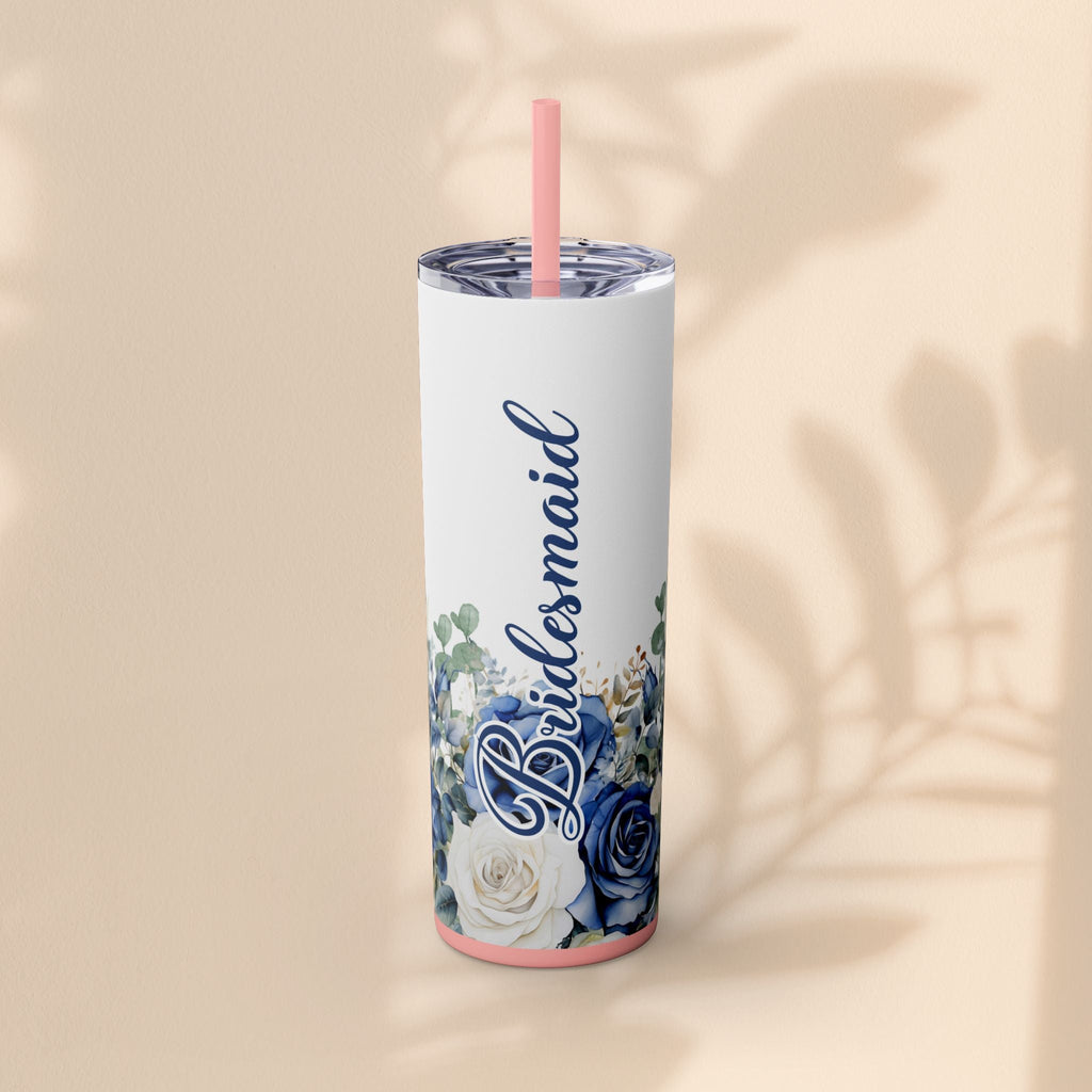 Bridesmaid Skinny Tumbler, 20oz Rose Floral Tumbler, Wedding Gift, Bridal Party, Customizable, Floral Tumbler