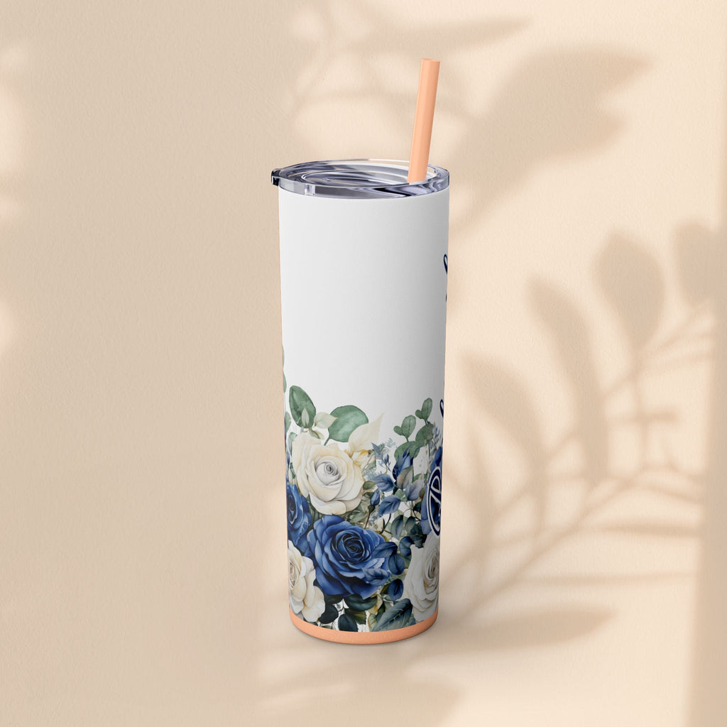 Bridesmaid Skinny Tumbler, 20oz Rose Floral Tumbler, Wedding Gift, Bridal Party, Customizable, Floral Tumbler