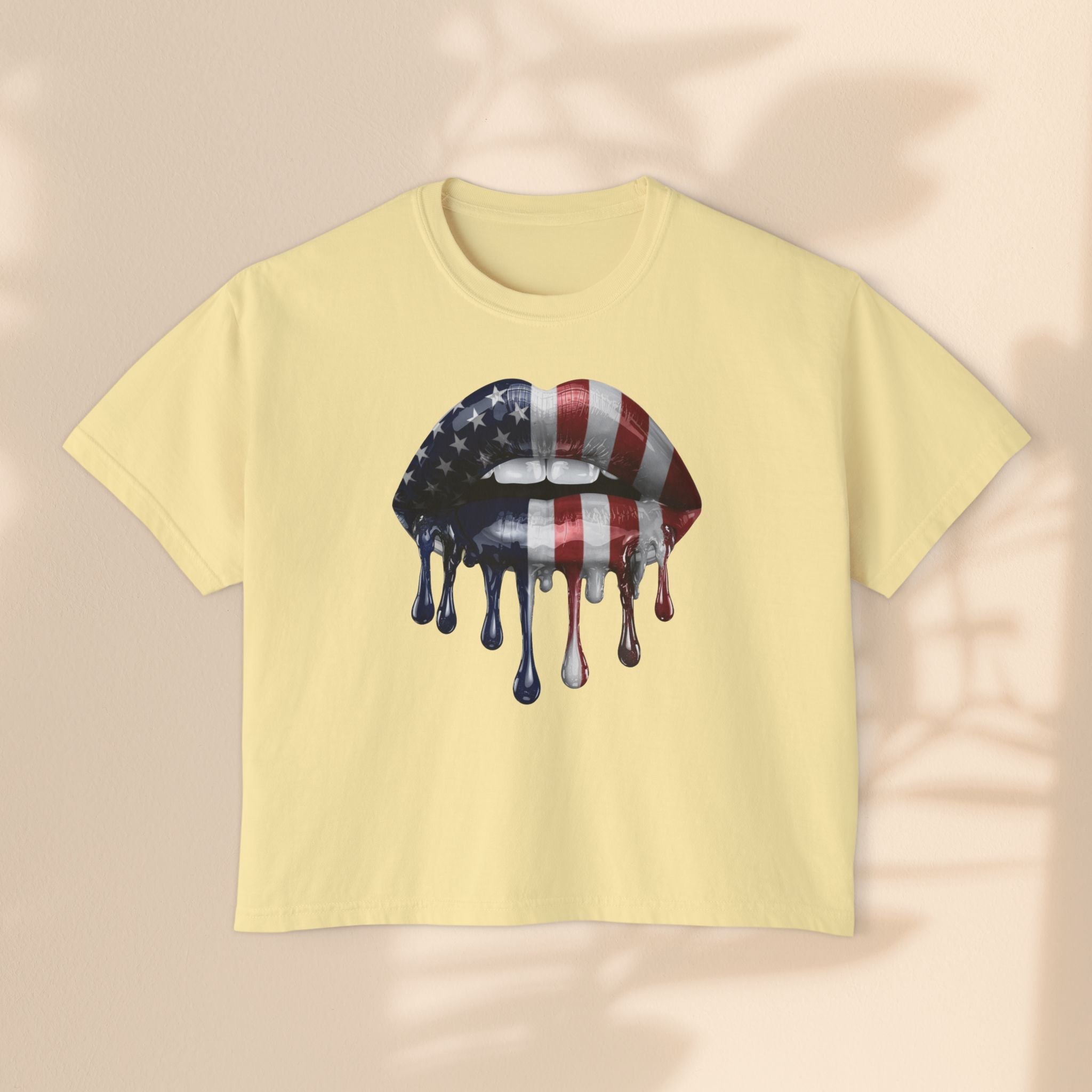 Patriotic Women's Boxy Tee with Dripping Lips Design