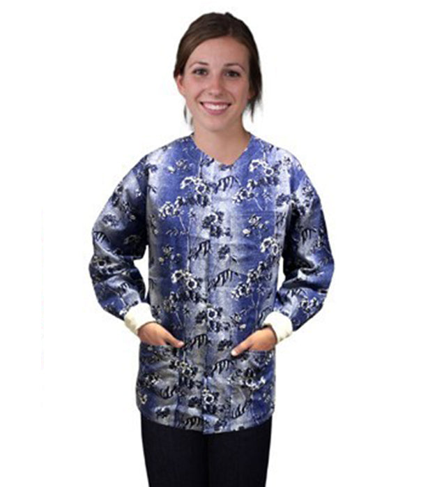 Poplin Unisex Scrub Jacket with Blue And White Flower Print- 2 Pockets, Full Sleeves with Rib