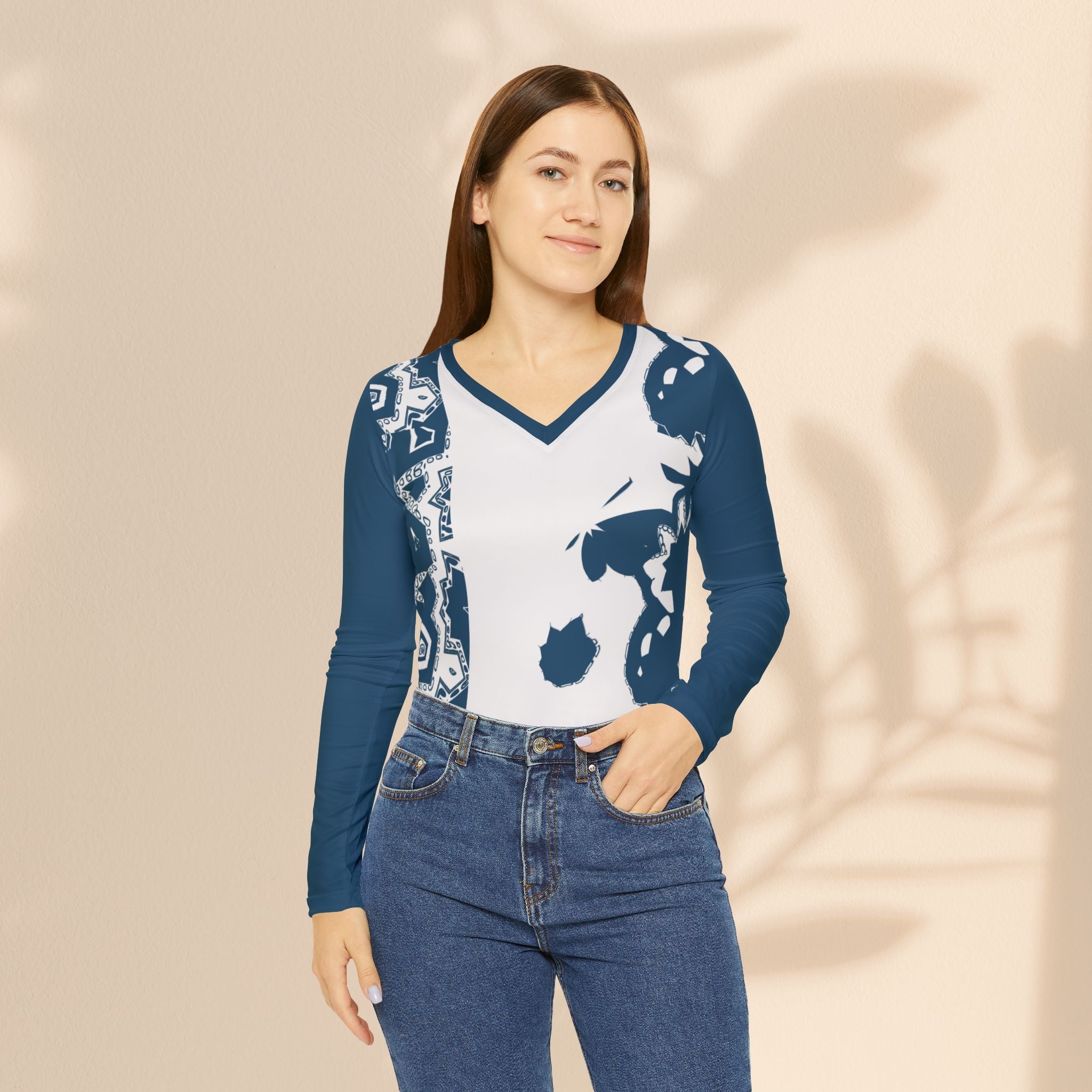 Floral Indigo V-Neck Long Sleeve Shirt — Women's Patterned V-Neck