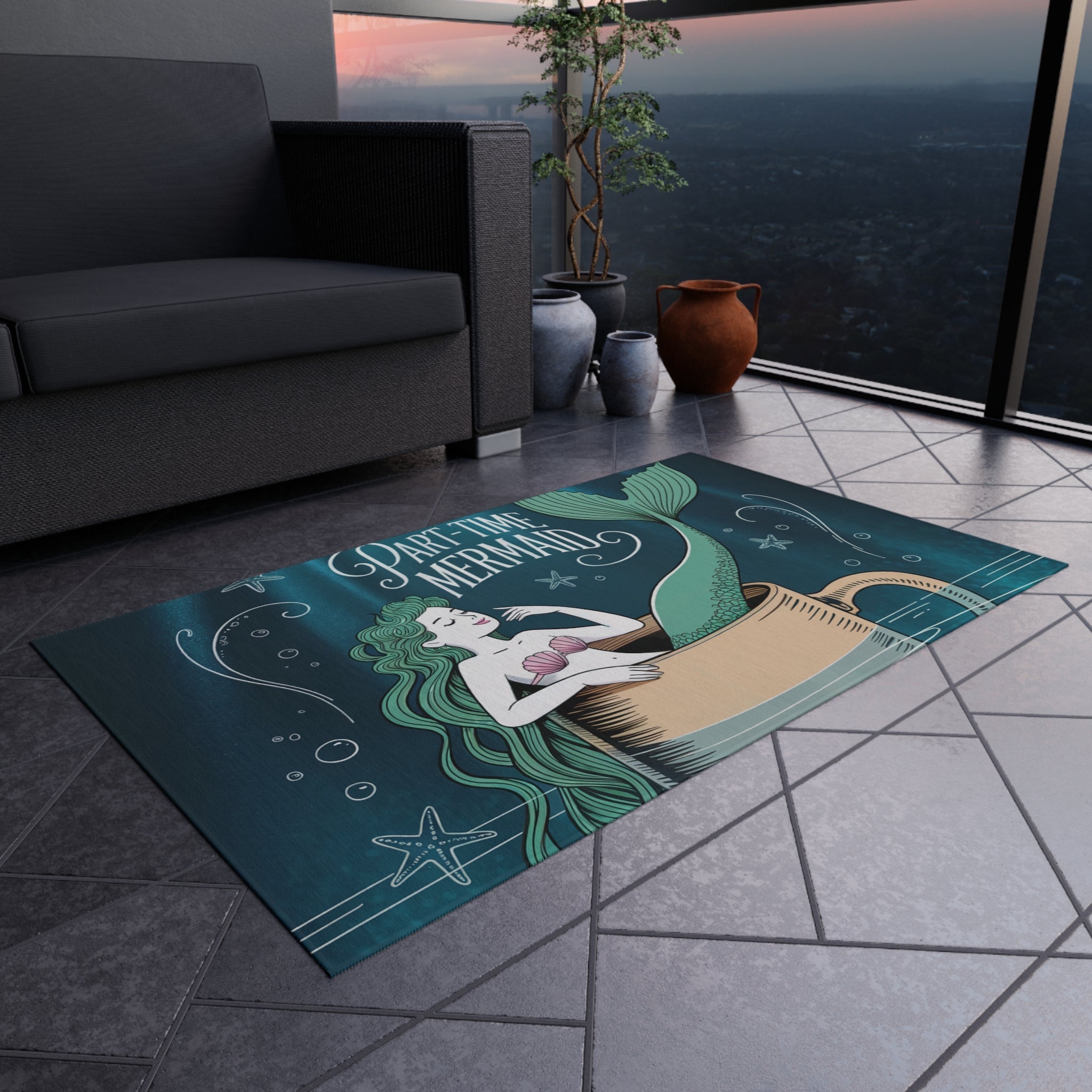 Outdoor Rug - Part-Time Mermaid Coastal Decor Beach House Mat