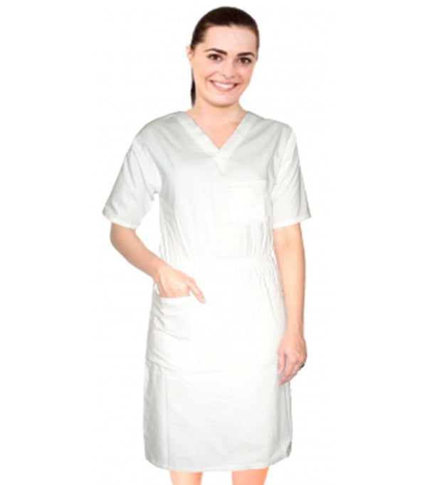 Poplin Unisex Nursing Dress Below Knee Length, V-Neck -  3 front pockets, Half Sleeves, Elastic Waist