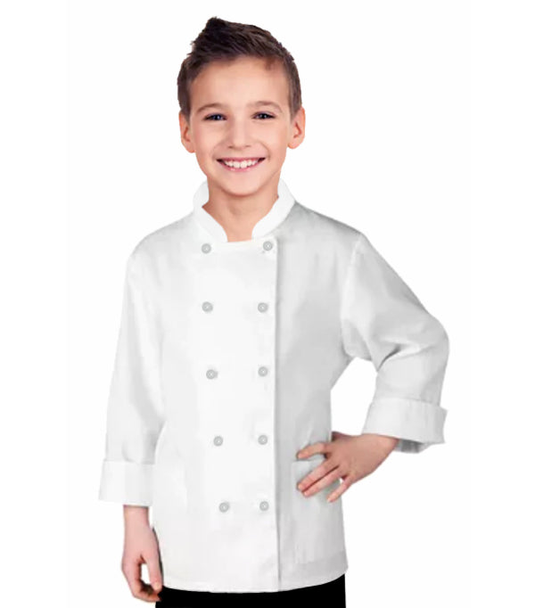 Poplin Children/Kids Chef Coat with Plastic Buttons - 1 Chest Pocket and 1 Sleeve Pocket, Full Sleeves