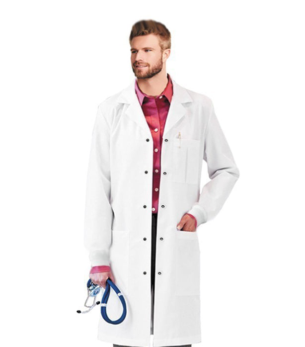 Poplin labcoat unisex full sleeve with Rib Cuff Sleeves and snap buttons 3 pockets solid pleated