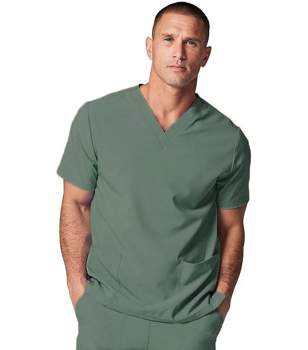 Microfiber Stretch Top v neck 2 pocket solid half sleeve unisex