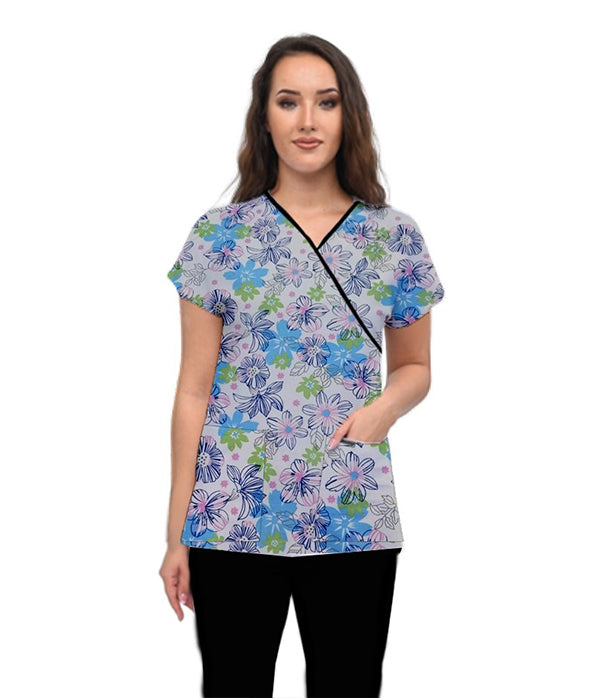 Blue and Green Flower Print Scrub Set Mock Wrap With Black Piping 5 Pocket Half Sleeves (Top 3 Pockets With Bottom 2 Pockets Boot cut)