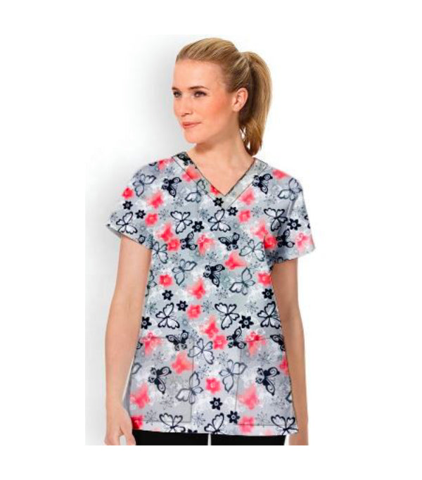 Butterfly Print Scrub Top V Neck 2 Pocket Half Sleeve in Poplin Fabric 35% Cotton 65% Polyester