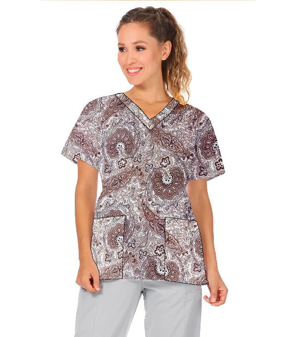 Brown Paisley Print Scrub Top V Neck 2 Pocket Half Sleeve in Poplin Fabric 35% Cotton 65% Polyester