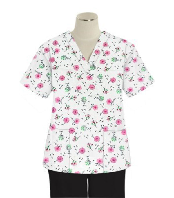 Poplin Women Cherry Blossom Print Scrub Top V Neck - 2 Pockets, Half Sleeves