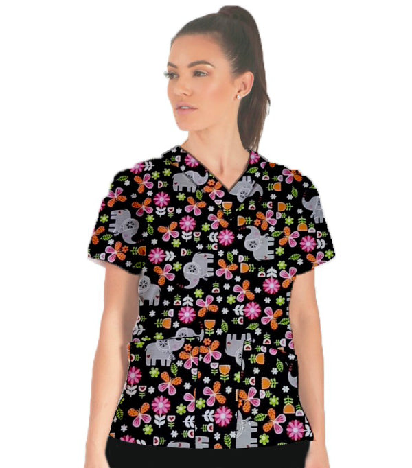 Poplin Women Scrub top in Disney Print V Neck - 2 Pockets, Half Sleeves
