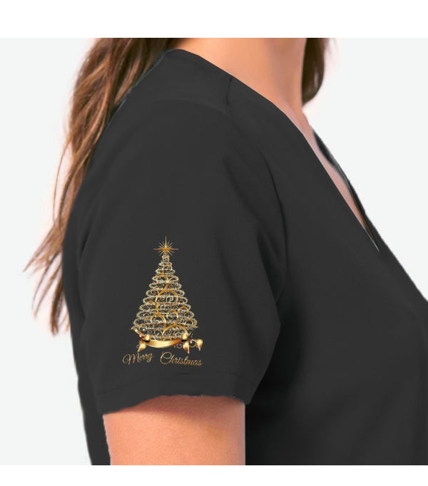 Merry Christmas Digital Print Scrub Top Black V Neck 2 Pocket Half Sleeve in Poplin Fabric 35% Cotton 65% Polyester