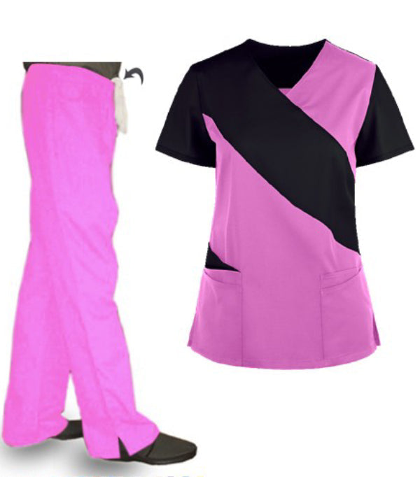 Poplin Women Scrub Set  Cut N Sew Style with V-Neck Top - (5 Pockets Top, 2 Pockets Boot Cut Pant), Half Sleeves