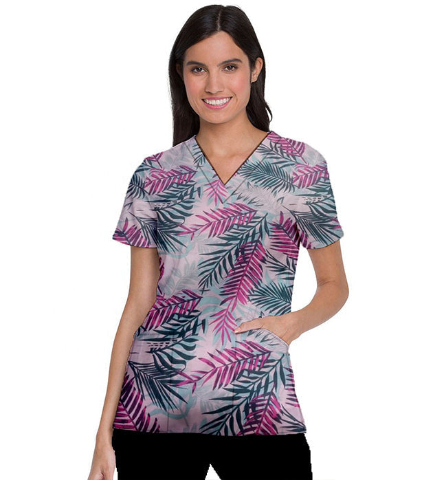 Pink leaves Print Scrub Set 4 Pockets Ladies Half Sleeves (2 Pockets Top and 2 Pockets Pant)