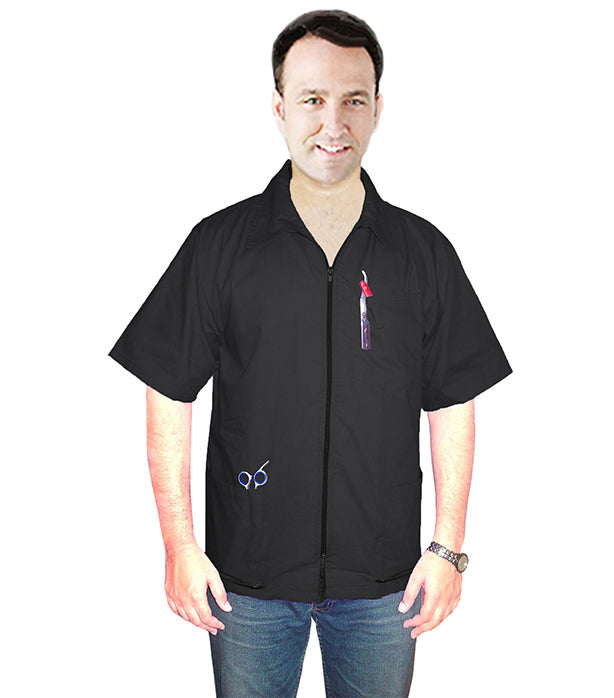 Barber jacket with collar 3 pockets (zipper on two bottom pockets) half sleeve with zipper