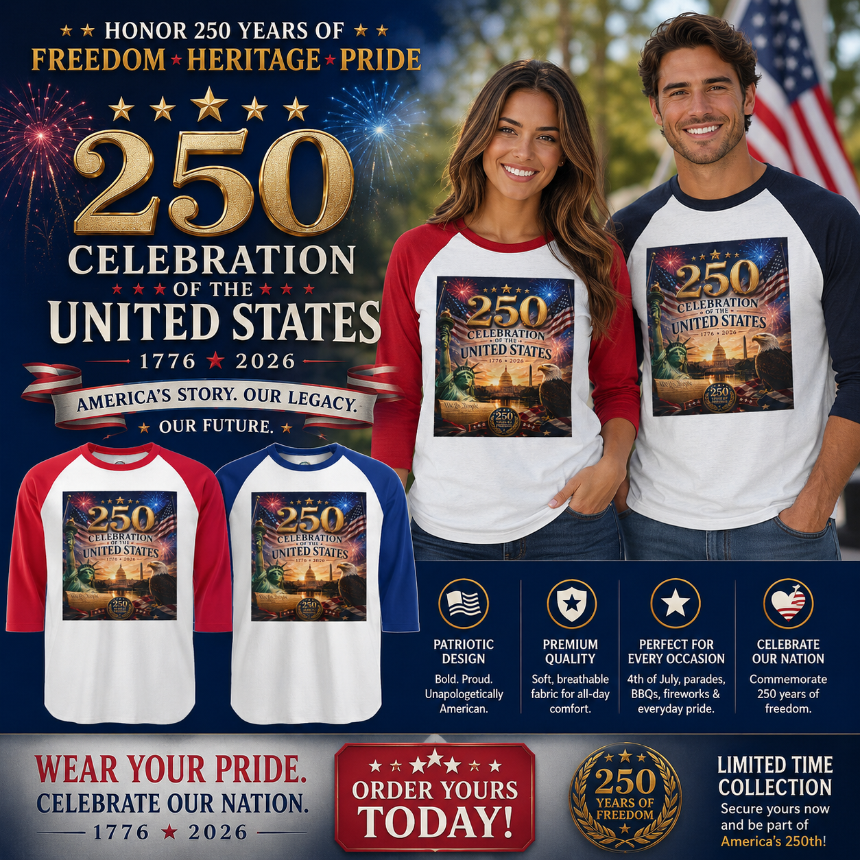 250th United States Celebration Raglan Shirt — Liberty Fireworks Anniversary Tee