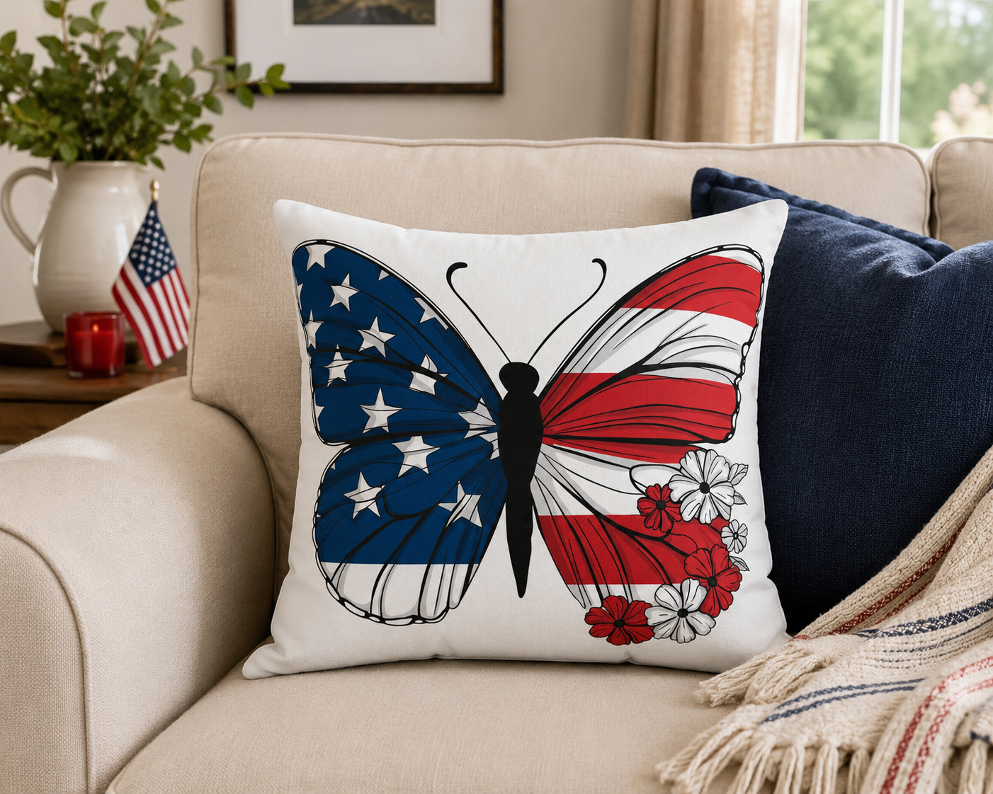 Patriotic Butterfly Pillow, Home Decor, July 4th Decoration, Gift for Her, Boho Cushion, Americana Decor