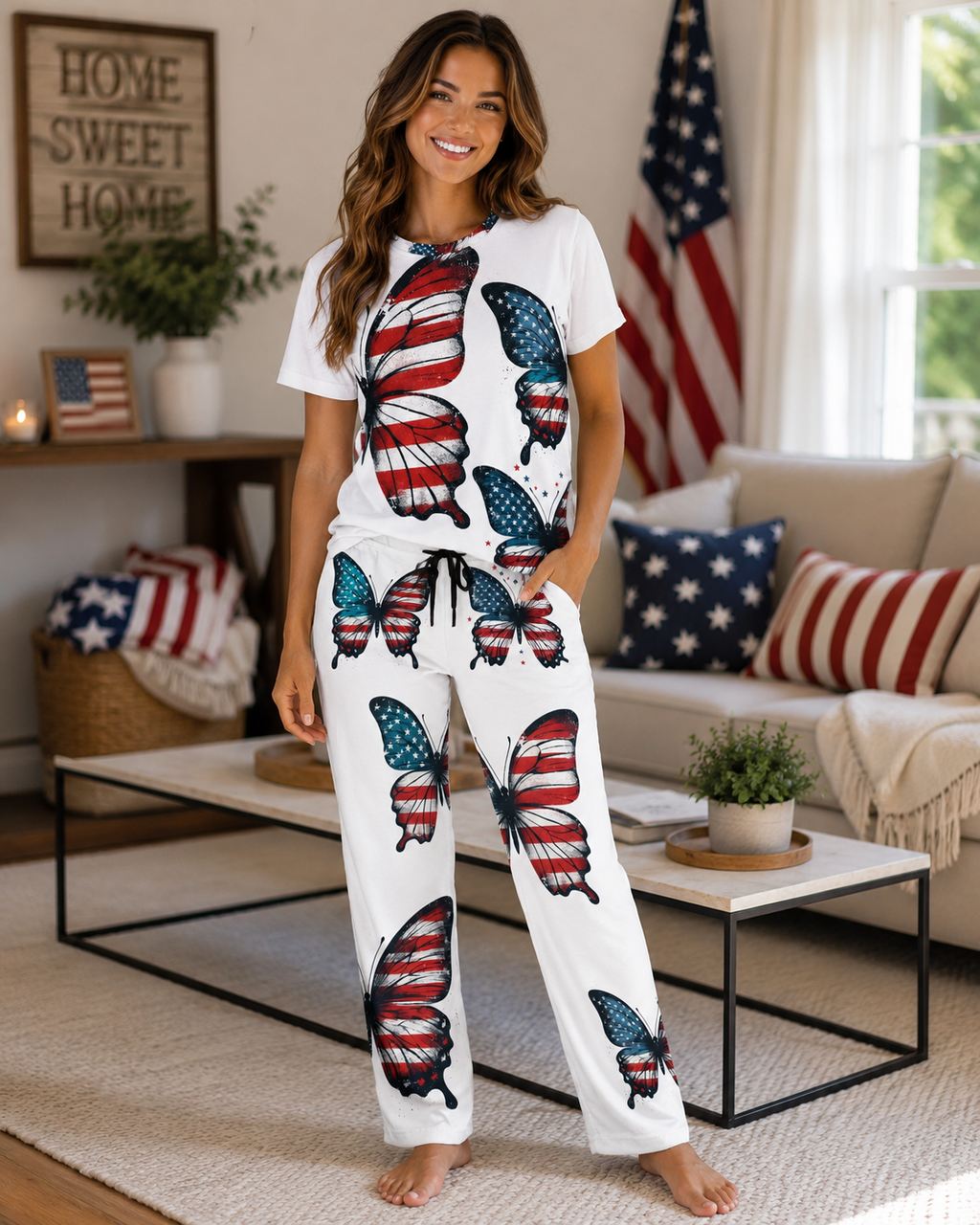 Patriotic Butterfly Tee for Women - Short Sleeve American Flag Shirt