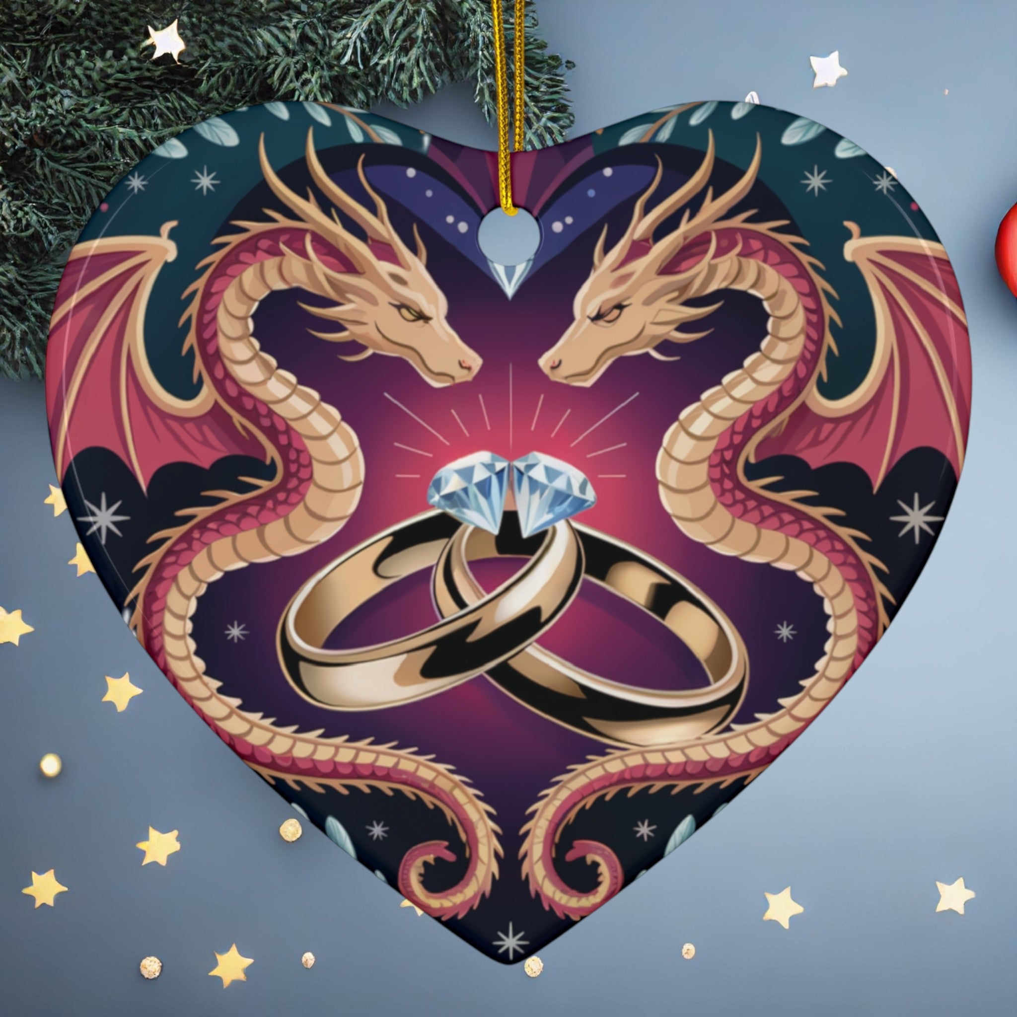 Dragon Wedding Rings Ceramic Ornament