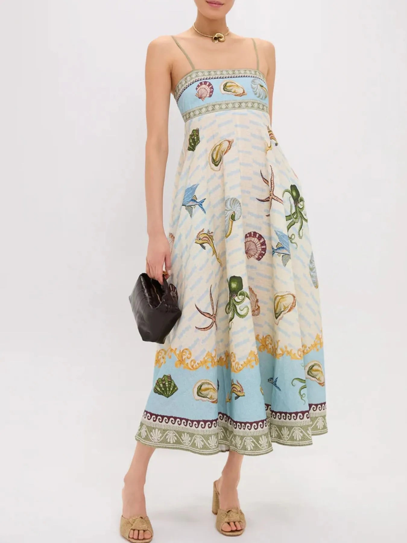 Ocean Print Spaghetti Strap Midi Dress