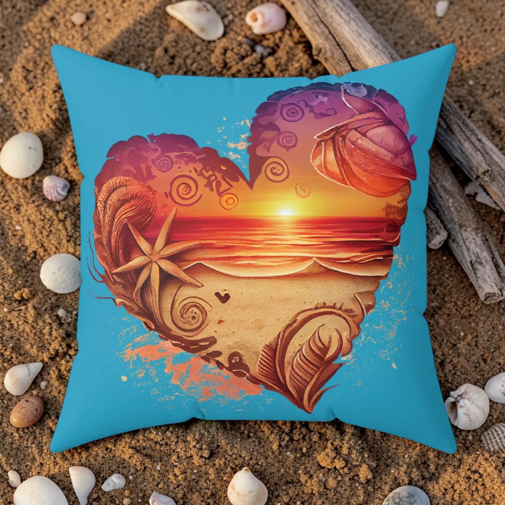 Beach Love Decorative Pillow - Sunset Heart Print