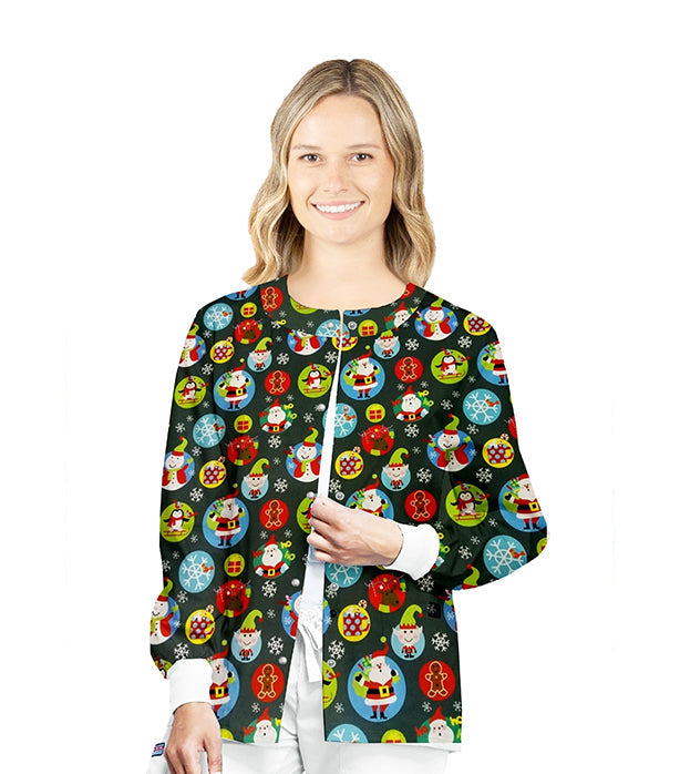Poplin Unisex Scrub Jacket with Santa and Penguin Print- 2 Pockets, Full Sleeves with Rib