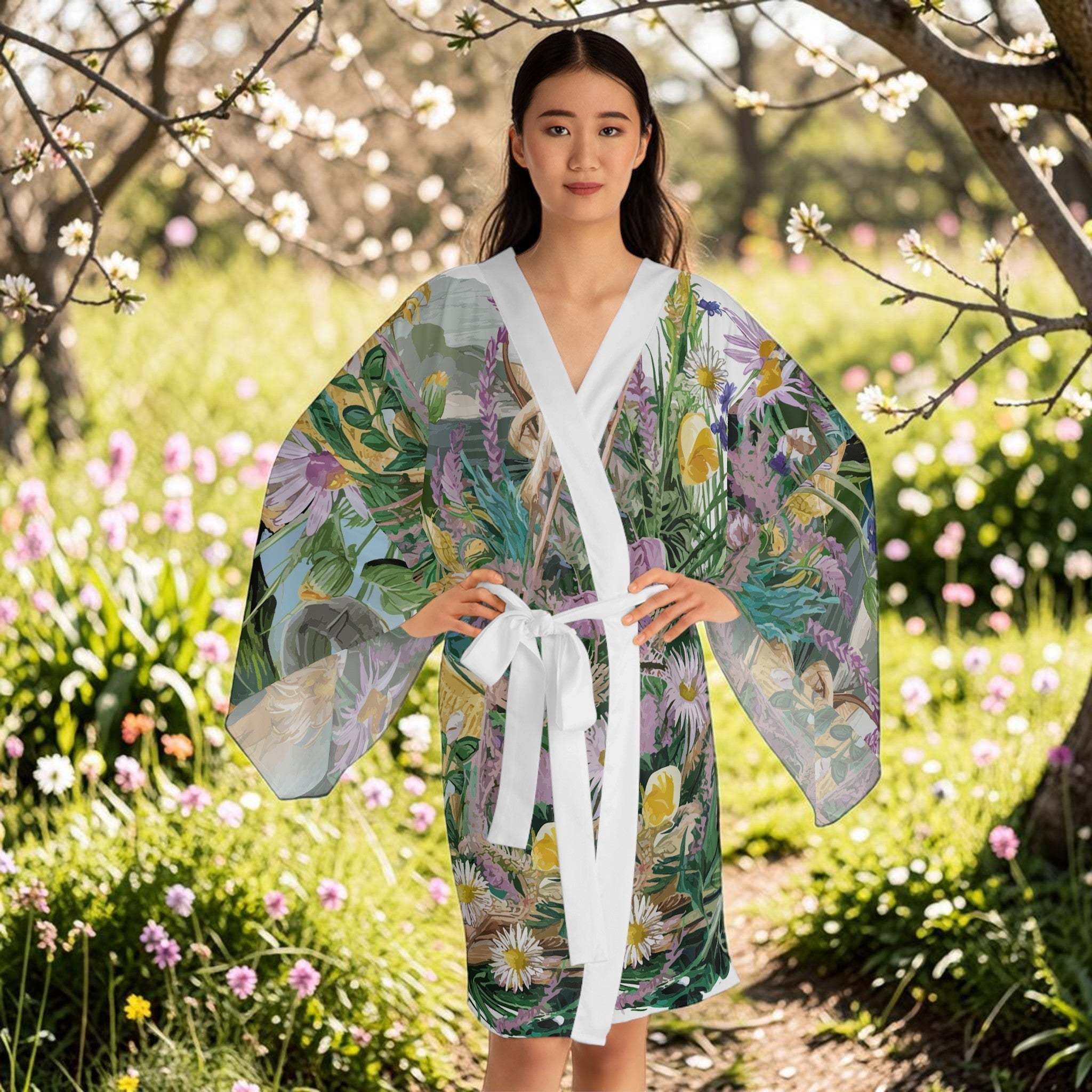 Long Sleeve Kimono Robe  - Beach Flowers