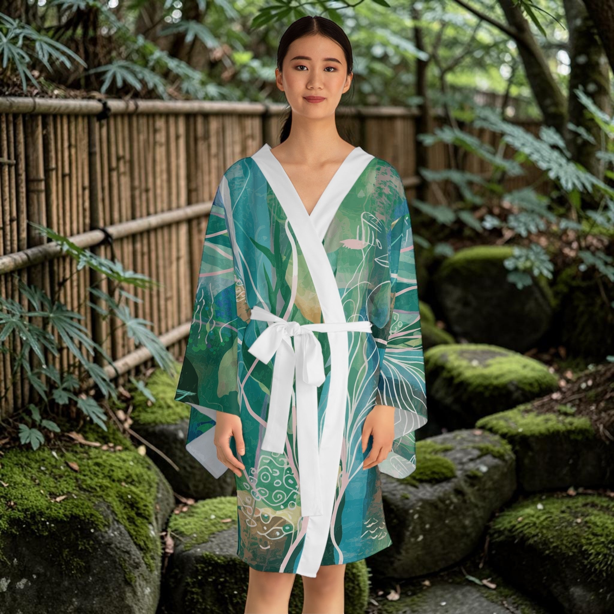 Long Sleeve Kimono Robe - Ocean Seaweed