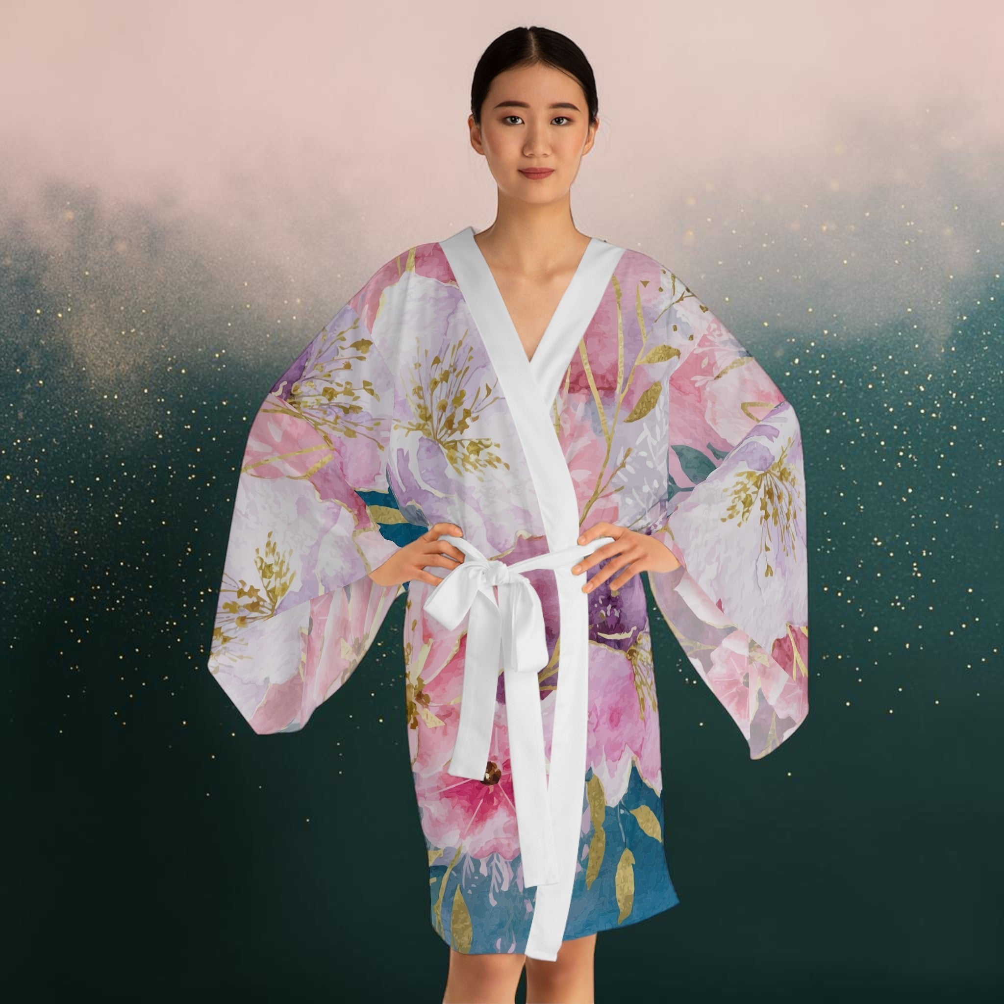 Long Sleeve Kimono Robe  - Pastel Roses