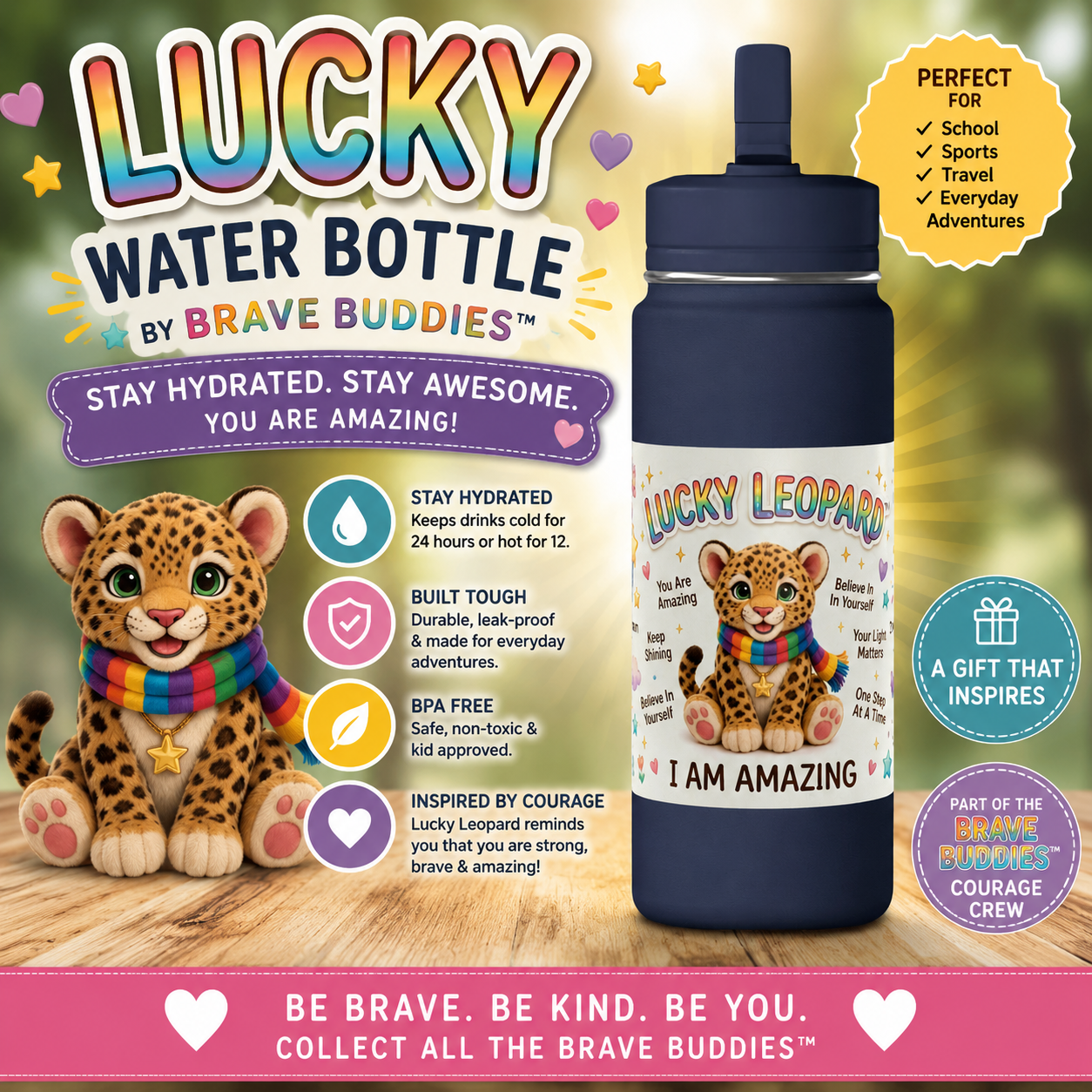Lucky Leopard Kids Water Bottle | Brave Buddies™