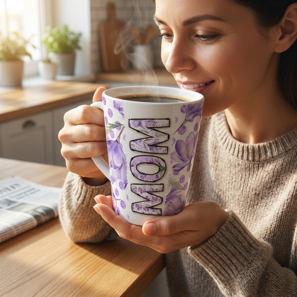 Floral Mom Latte Mug - 12oz Purple Polka Dot Coffee Cup