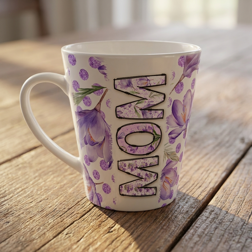 Floral Mom Latte Mug - 12oz Purple Polka Dot Coffee Cup