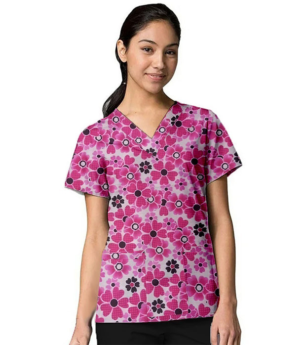 Pink Flowers Print Scrub Set 4 Pockets Ladies Half Sleeves (2 Pockets Top and 2 Pockets Pant)