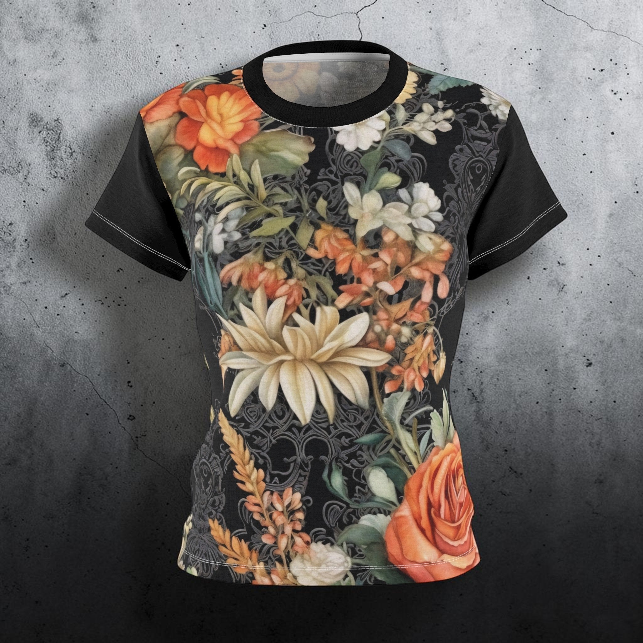 Peach Floral Print Women's Tee, Vibrant Cut & Sew T-Shirt, Summer Style, Casual Fashion, Everyday Wear, Gift for Her