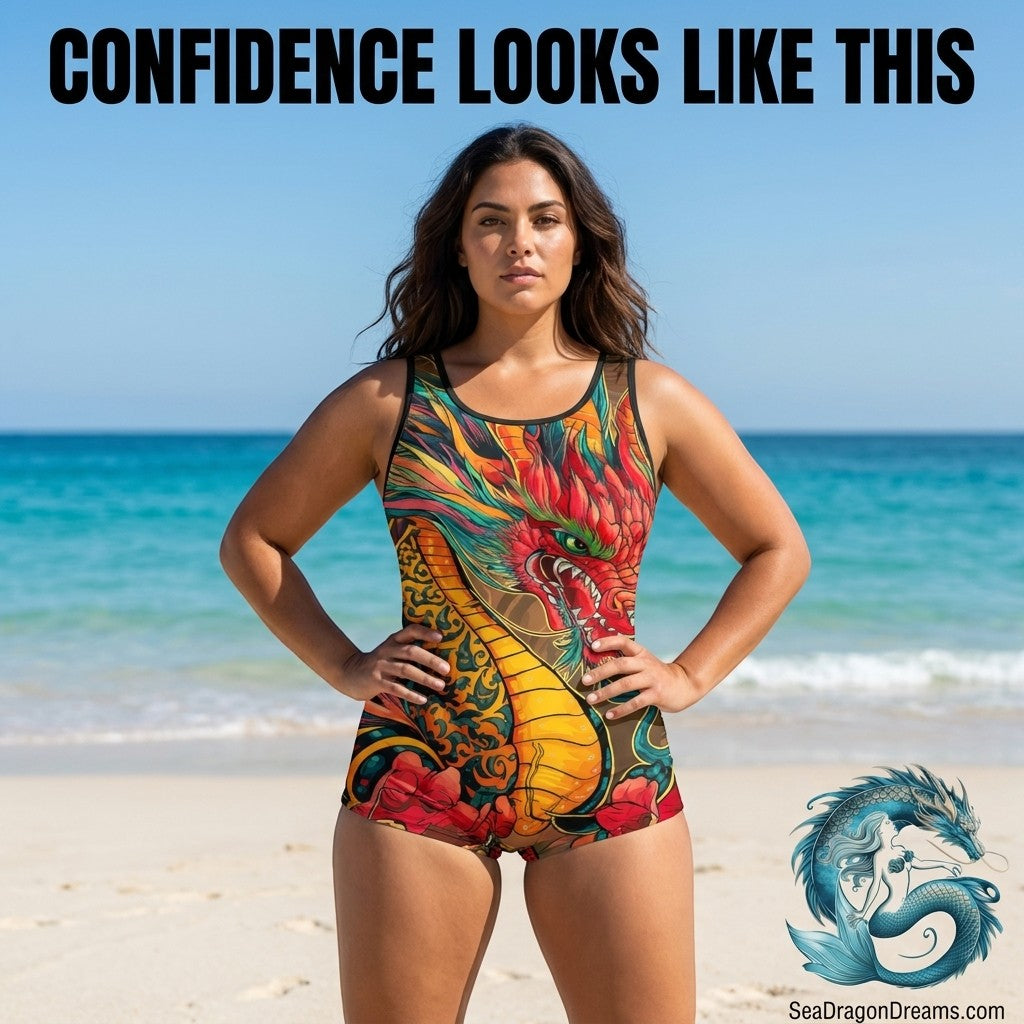 Fire Dragon One-Piece Swimsuit | Bold Colorful Women’s Swimwear