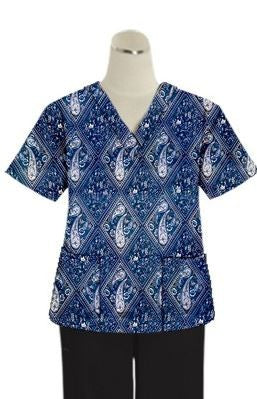 Blue with Pink Classical print Top v neck 2 pocket half sleeves in Poplin Fabric 35% Cotton 65% Polyester