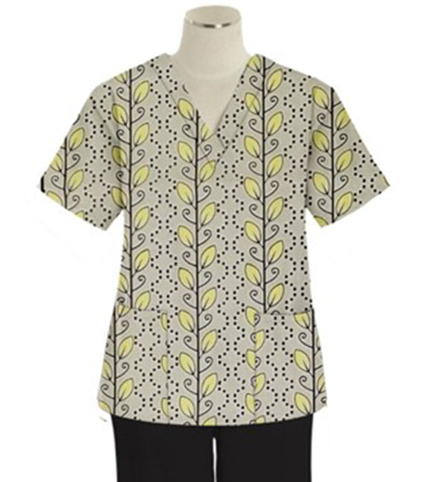 Yellow petal and Grey print Top v neck 2 pocket half sleeves in Poplin Fabric 35% Cotton 65% Polyester